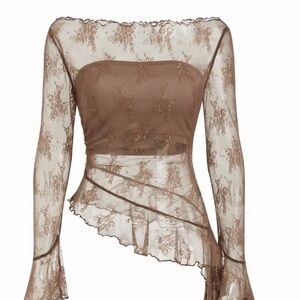 Cider Brown Sheer Lace Asymmetric Long-Sleeve Top